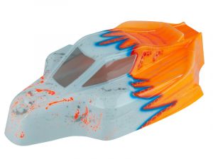 Ultimate A0001 airbrush paint body - Produktansicht Ultimate RC 1:8 Buggy Lexankarosserie RMV lackiert orange/weiss (X) Mugen,Sworkz,Associated,Hot Bodies 