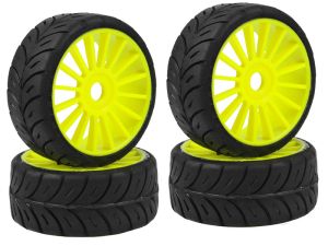 SP 1:8 Komplettrad GT Radial Hohlkammer Profil – 4 Stück, Neongelb, F1 Soft Mischung