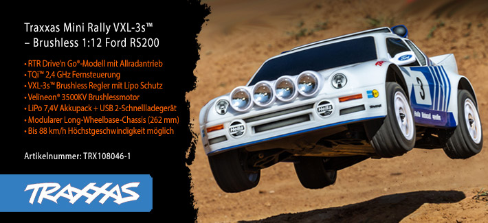 Traxxas Mini Rally 4WD Brushless VXL3S RTR 1:12 Ford RS200 mit 2S Lipo Akku + USB/C-Lader